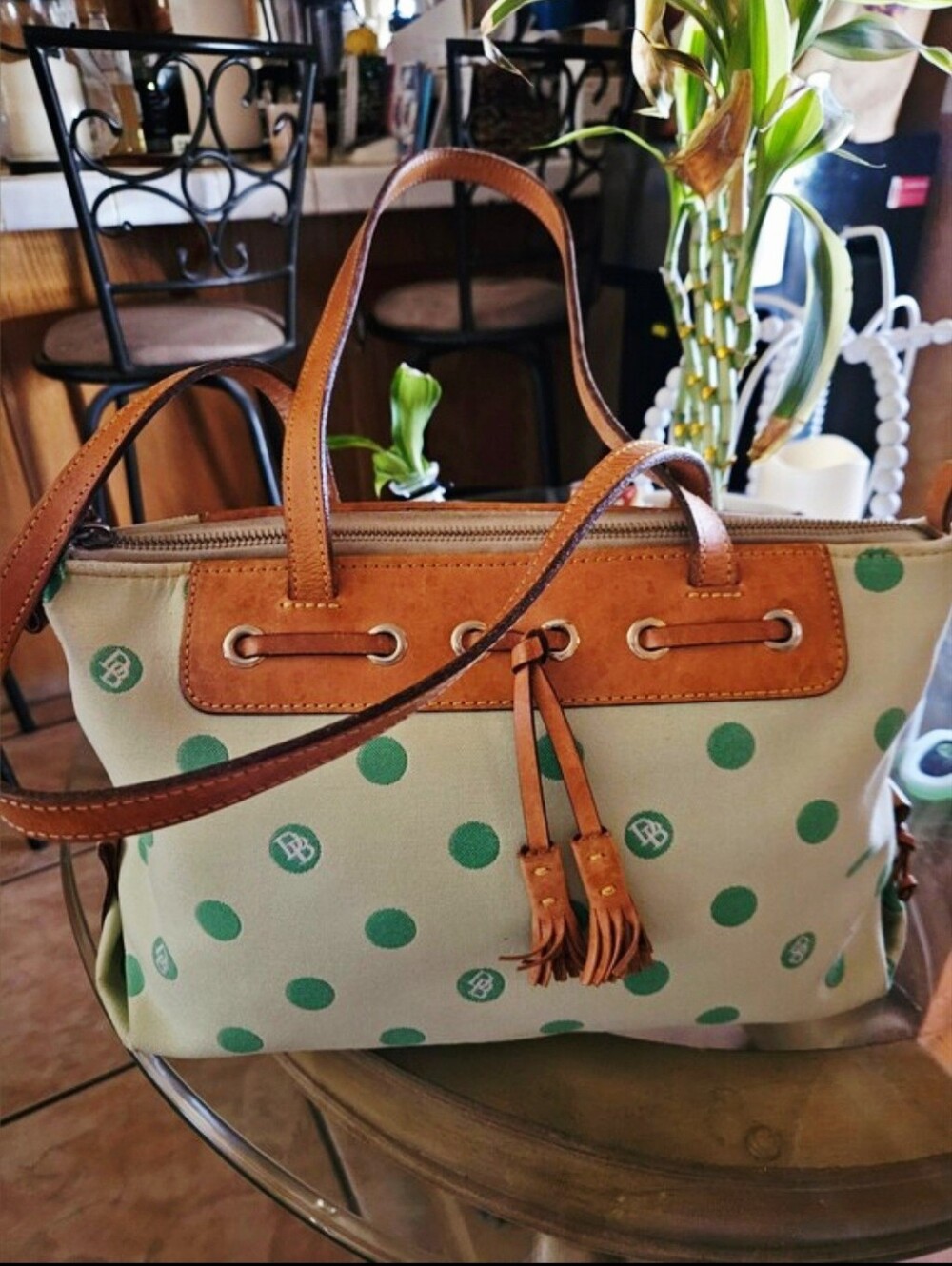 Dooney & Bourke Cute Green Polka Dot Canvas Shoulder with Tan Leather Trim